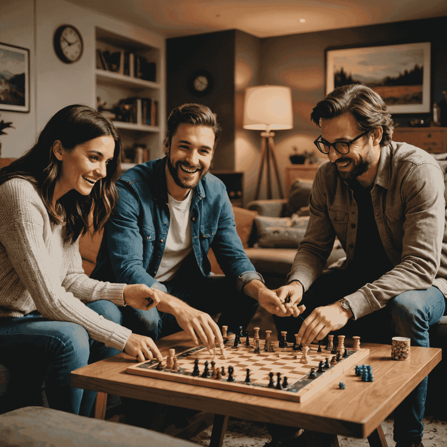 Een groep vrienden die enthousiast een bordspel spelen in een gezellige woonkamer. Op tafel zijn verschillende populaire spellen te zien, waaronder een Plinko-bord.