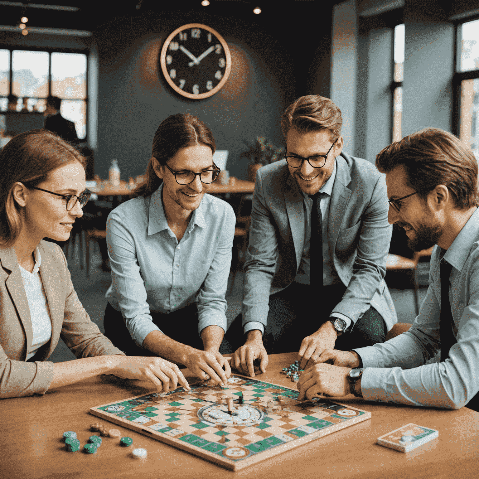 Een groep collega's die een bordspel spelen tijdens hun lunchpauze, met een klok op de achtergrond die de beperkte tijd aangeeft