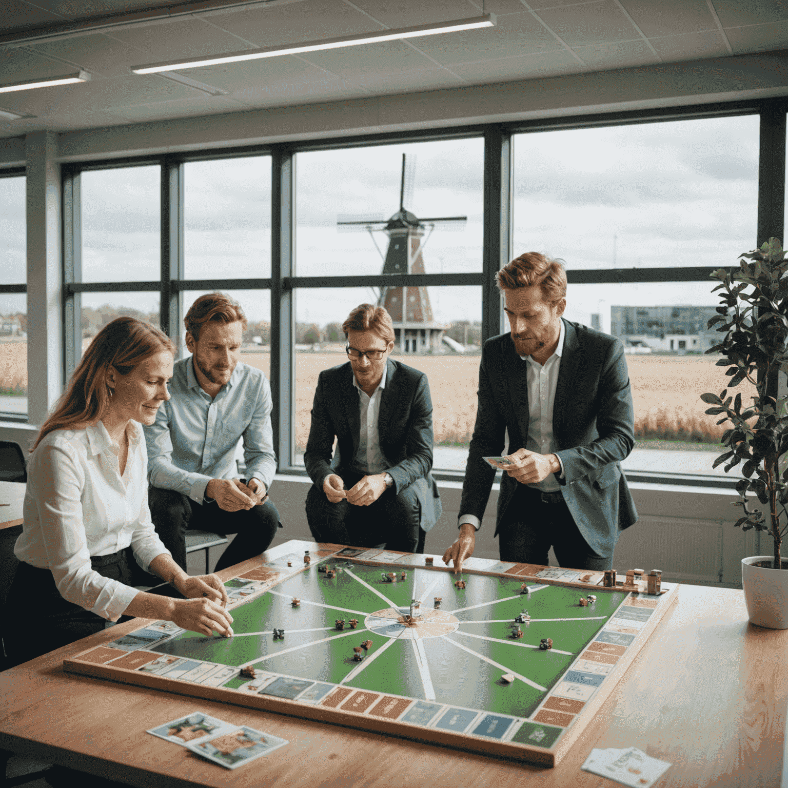 Een groep collega's die een Nederlands bordspel spelen in een modern kantoor, met een windmolen zichtbaar door het raam