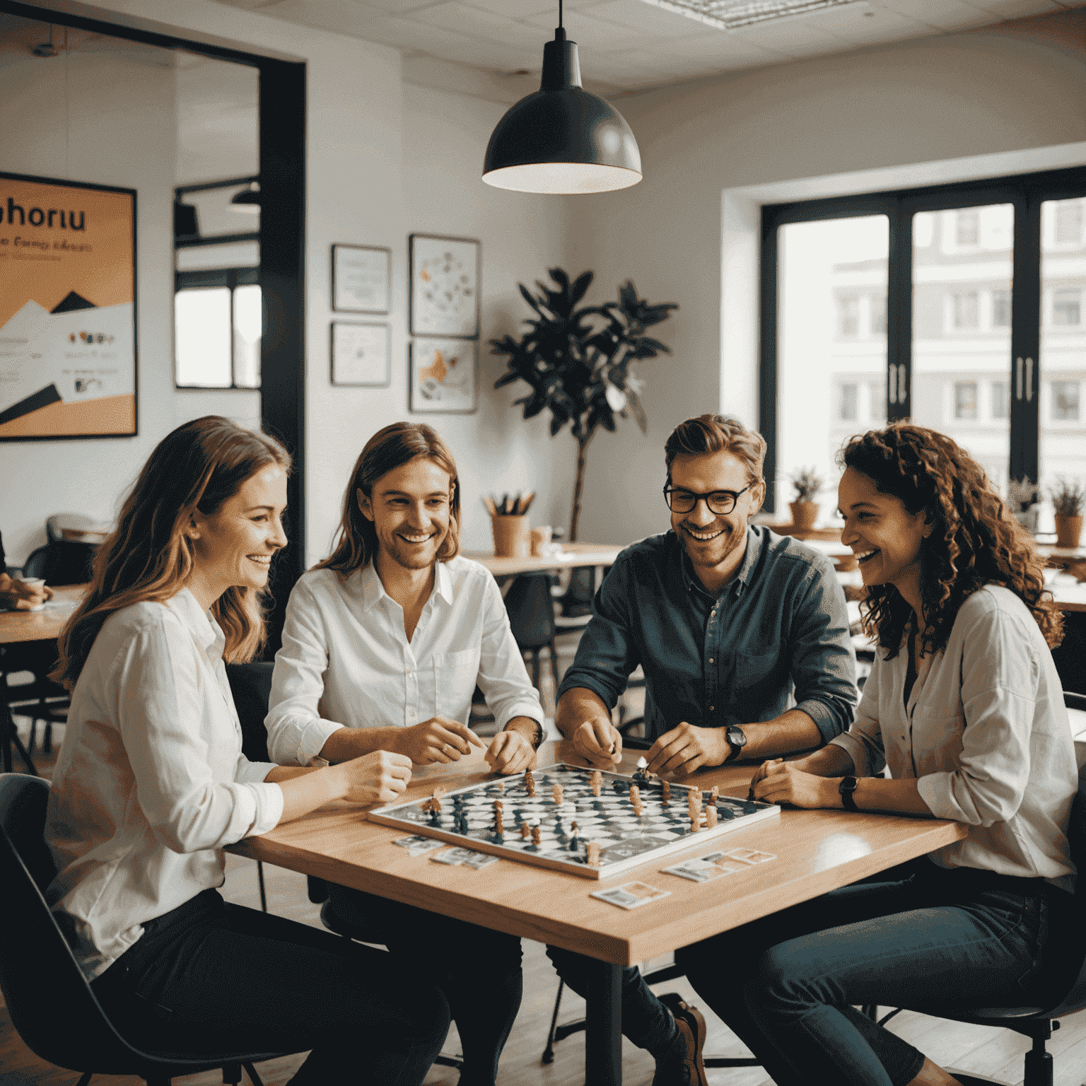 Lachende medewerkers die samen een bordspel spelen in een ontspannen kantooromgeving, met koffiekopjes en snacks op tafel