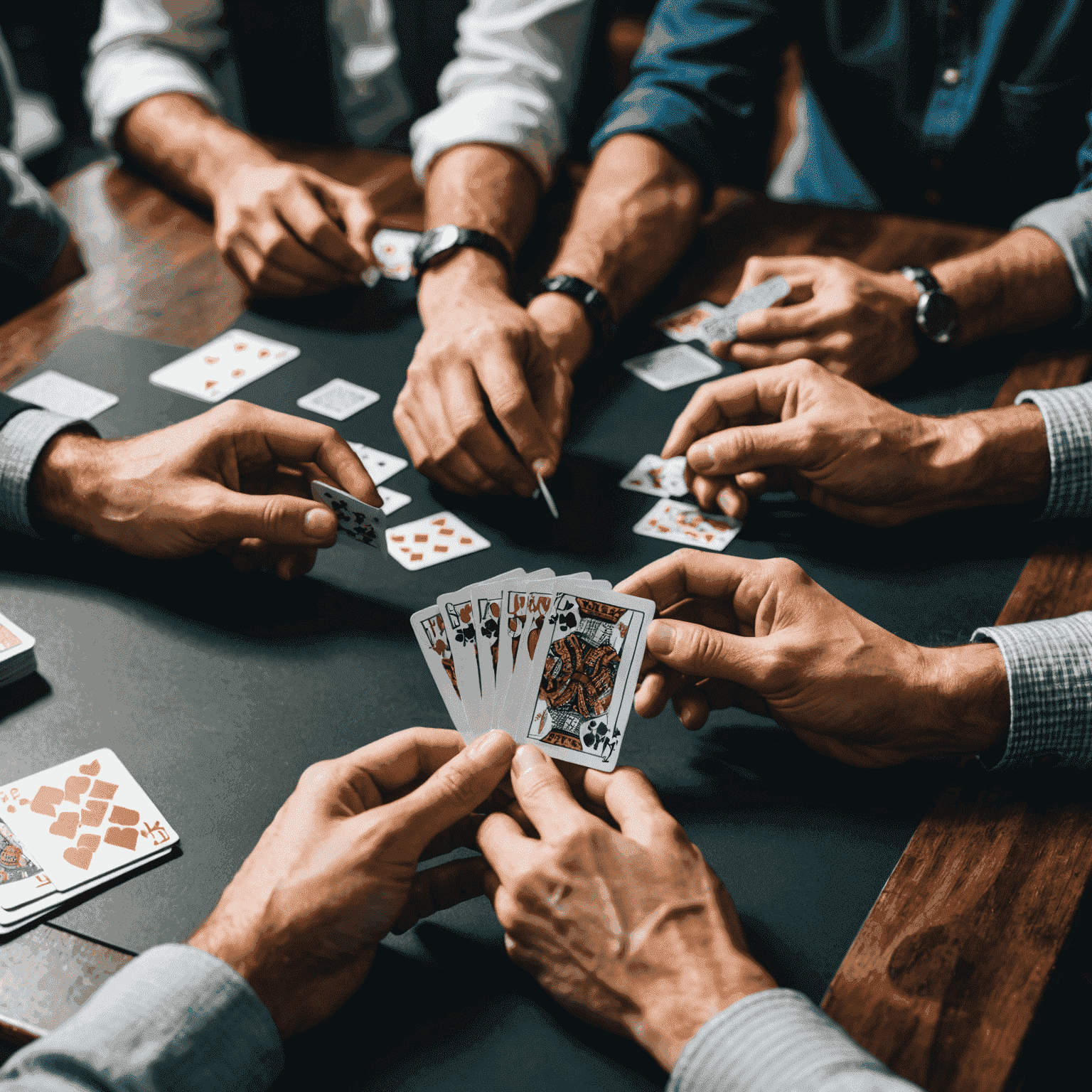 Close-up van handen van teamleden die samen kaarten spelen, symboliserend samenwerking en strategisch denken in bordspellen