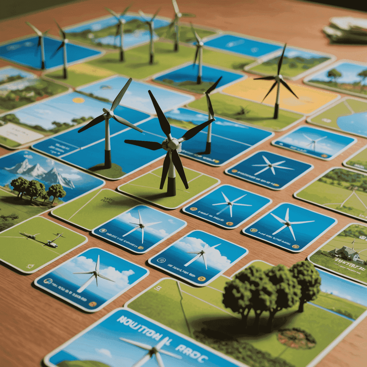 Close-up van het Windhandel bordspel met miniatuur windmolens en energiekaarten